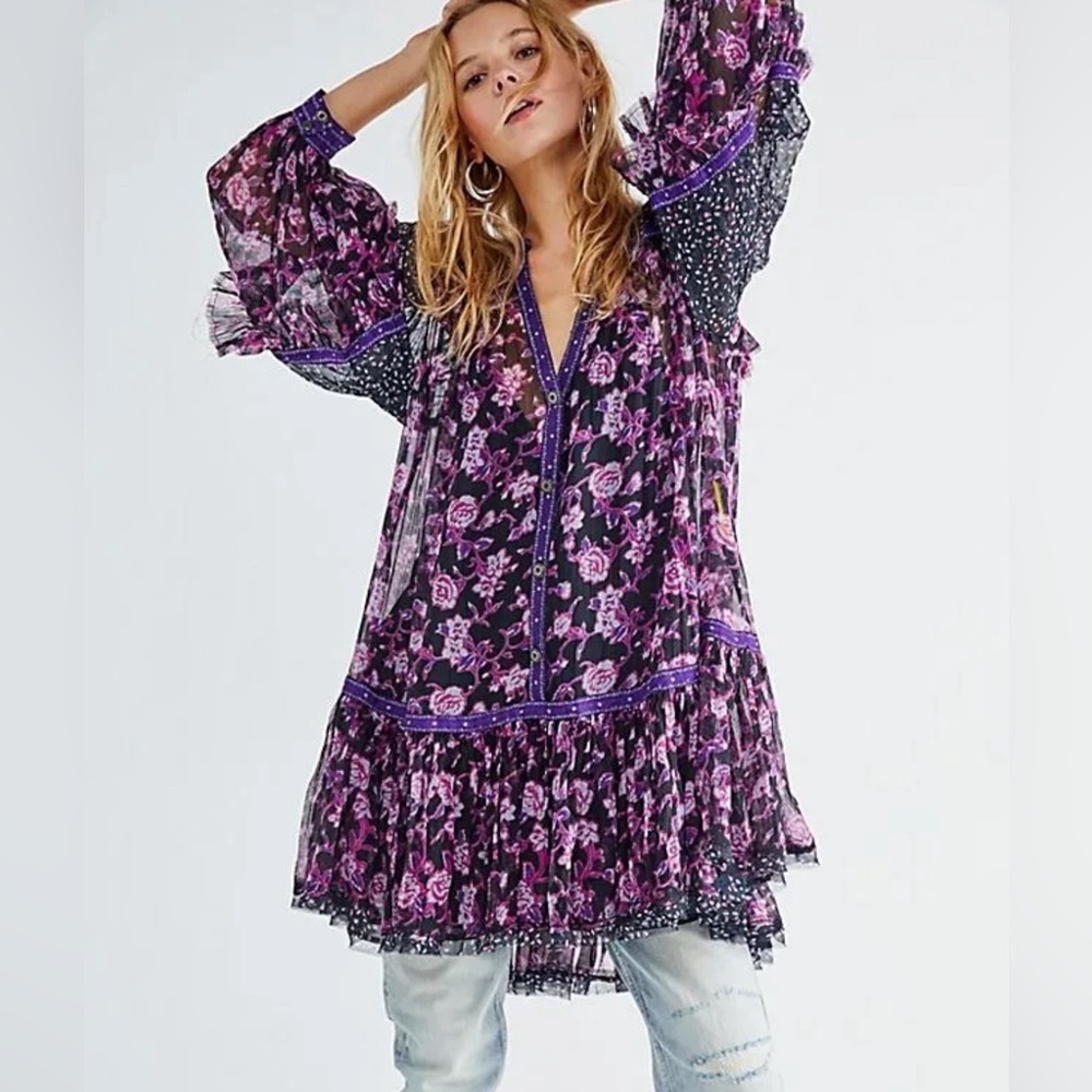 Free People Rosebud Print Mix Mini Dress XS NWOT Black Combo